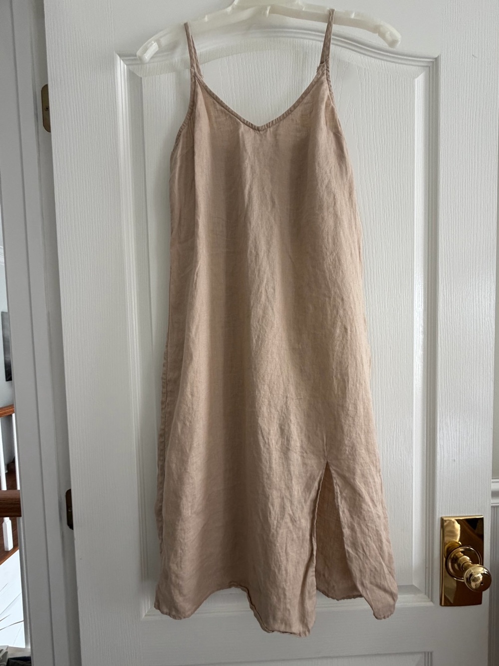 Rachel Zoe Neutral Beige Midi 100% Linen Slip Dress with Side Slit